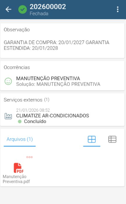 Figura 05: Ordem de serviço encerrada com histórico completo de atendimento e relatório técnico externo anexado. Fonte: Neovero Request.